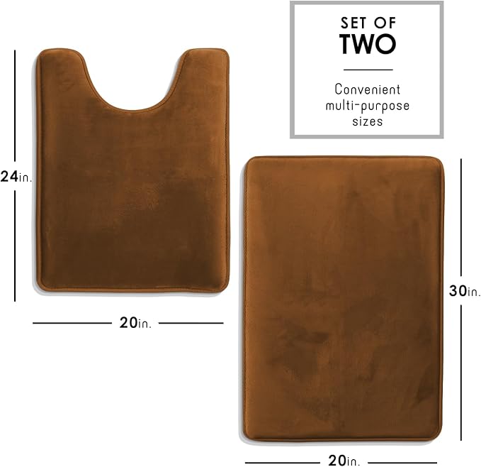 Clara Clark 2 Piece Bathroom Rugs, Velvet Memory Foam Bath Mat Set, Non-Slip Bath Rugs, Machine Wash, Dries Quickly, Ultra Soft Plush Bath Mats for Bathroom, 20 x 32 + Contour, Brown