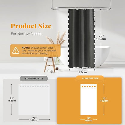 BTTN Boho Stall Shower Curtain, 36×72 Scalloped Linen Textured Heavy Duty Fabric Shower Curtain Set with 6 Hooks, Half Neutral Modern Decorative Waterproof Shower Curtain for bathrooms, Charcoal Grey