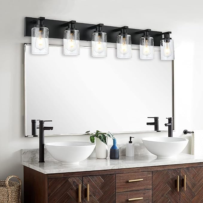 Modern Bathroom Vanity Light 6-Light Lamp in Black, Farmhouse Wall Light Fixture with Seeded Glass Shades Indoor Wall Lamp