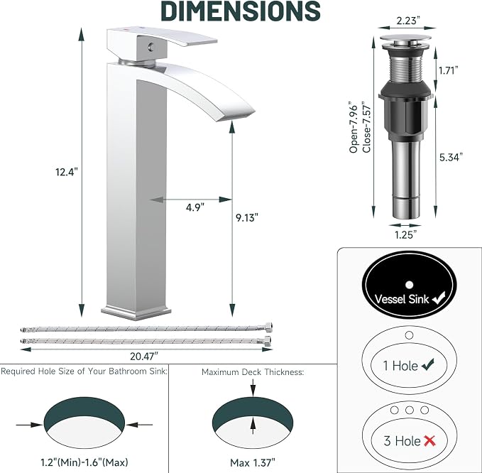 Chrome Vessel Sink Faucet, Waterfall Bathroom Faucets | Brass, Tall Spout, 1 Hole Single Handle Bathroom Faucet, Modern Basin Taps with Supply Line, Pop Up Drain, Without Overflow