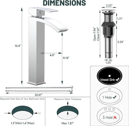 Chrome Vessel Sink Faucet, Waterfall Bathroom Faucets | Brass, Tall Spout, 1 Hole Single Handle Bathroom Faucet, Modern Basin Taps with Supply Line, Pop Up Drain, Without Overflow