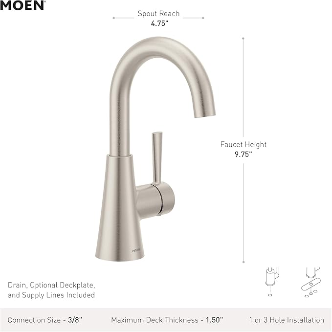Moen Ronan Matte Black One-Handle Single Hole Modern Bathroom Sink Faucet with Optional Deckplate and Spring Loaded Drain Assembly, 84021BL
