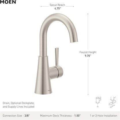 Moen Ronan Chrome One-Handle Single Hole Modern Bathroom Sink Faucet with Optional Deckplate and Spring Loaded Drain Assembly, 84021