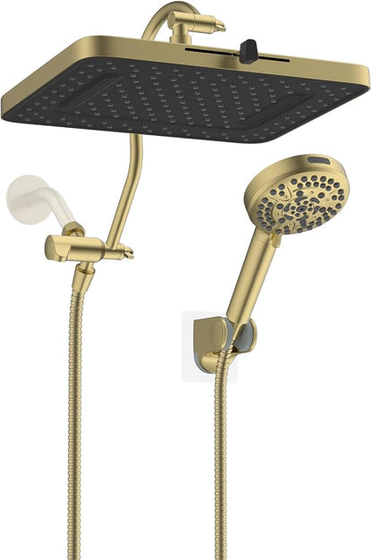 Hibbent 13'' 5-spray Rain Shower Head, 10-Spray Handheld, Brushed Gold | cUPC Certified High Pressure Dual Showerhead Combo, Upgraded Rainfall Shower Head, 12'' Extension Arm, 71'' Hose & Holder