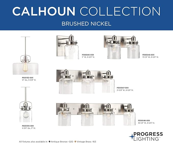 Progress Lighting P300047-009 Calhoun Collection Clear Glass Farmhouse Bath Vanity Light, 3-Light, Brushed Nickel