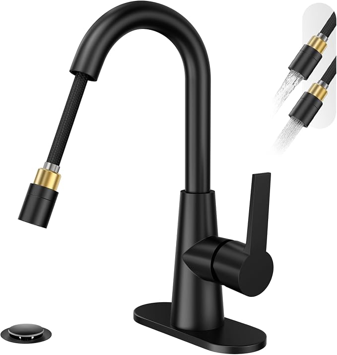 High Arc Bathroom Sink Faucet with Pull Down Sprayer, Tall Matte Black Single Handle Pull Out Faucet with Pop-Up Drain, 1 or 3 Hole Laundry Bar Basin Faucet with Deck Plate WE10CL-ZY-MB