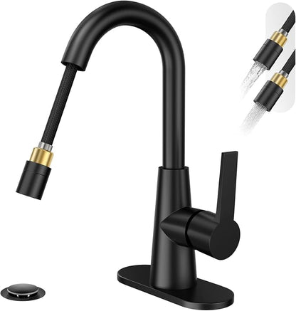High Arc Bathroom Sink Faucet with Pull Down Sprayer, Tall Matte Black Single Handle Pull Out Faucet with Pop-Up Drain, 1 or 3 Hole Laundry Bar Basin Faucet with Deck Plate WE10CL-ZY-MB