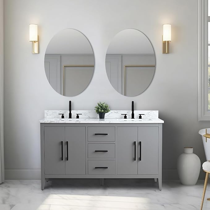 Vanity Art 60 inch Bathroom Vanity with Double Sink & Ceramic Top, Vanity Cabinet with Soft-Closing Doors, Drawers, Solid Wood Frame, Cashmere Gray,VA9060-DG-MB1