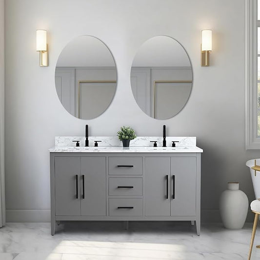 Vanity Art 60 inch Bathroom Vanity with Double Sink & Ceramic Top, Vanity Cabinet with Soft-Closing Doors, Drawers, Solid Wood Frame, Cashmere Gray,VA9060-DG-MB1