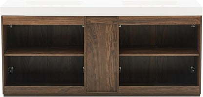 72" Bathroom Vanity with Double Sink, Freestanding Double Sink Bathroom Vanity with White Engineered Stone Top, Open Storage Cabinet & Adjustable Shelf, 4 Soft-Closing Doors, Walnut