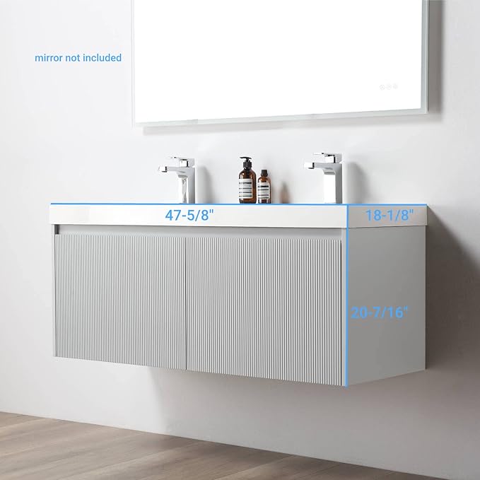 Blossom 48 inch Bathroom Vanity with Sink, Wall Mounted Floating Bathroom Vanity Cabinet with Double Acrylic Sink, All Wood Bathroom Storage Cabinet with Soft Close Drawers, Light Grey Finish