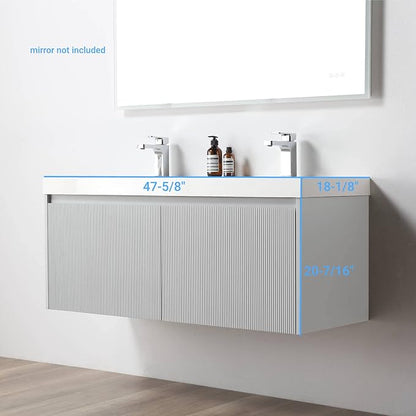 Blossom 48 inch Bathroom Vanity with Sink, Wall Mounted Floating Bathroom Vanity Cabinet with Double Acrylic Sink, All Wood Bathroom Storage Cabinet with Soft Close Drawers, Light Grey Finish