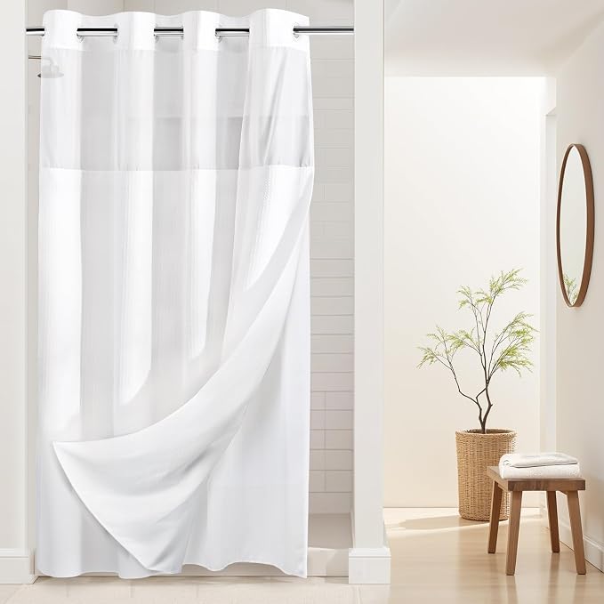 RiverDream Heavyweight Waffle No Hook Shower Curtain with Liner,White,54x80 | Dotted Waffle,Snap-in Liner,Heavy Duty,Quick Dry,Mesh Top Window,With Bottom Magnets,Hotel-Grade,Washable,Stall Long Size