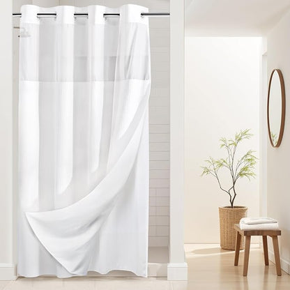 RiverDream Heavyweight Waffle No Hook Shower Curtain with Liner,White,54x80 | Dotted Waffle,Snap-in Liner,Heavy Duty,Quick Dry,Mesh Top Window,With Bottom Magnets,Hotel-Grade,Washable,Stall Long Size