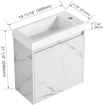 20" Small Floating Bathroom Vanity with White Marble Grain Flat Door and Storage