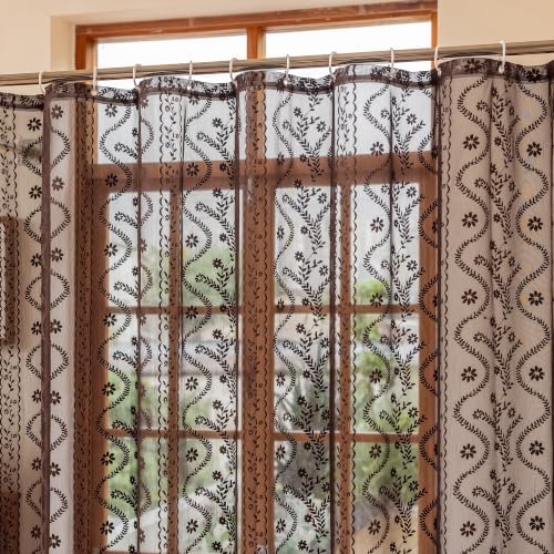 WAZZIO Brown Lace Shower Curtain for Bathroom 72" W x 72" L, Victorian Farmhouse Floral Pattern Tassel Fancy Shower Curtain Boho Washable Cloth Decorative Bath Curtains,1 Panel