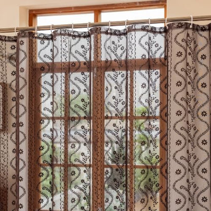 WAZZIO Brown Lace Shower Curtain for Bathroom 72" W x 72" L, Victorian Farmhouse Floral Pattern Tassel Fancy Shower Curtain Boho Washable Cloth Decorative Bath Curtains,1 Panel