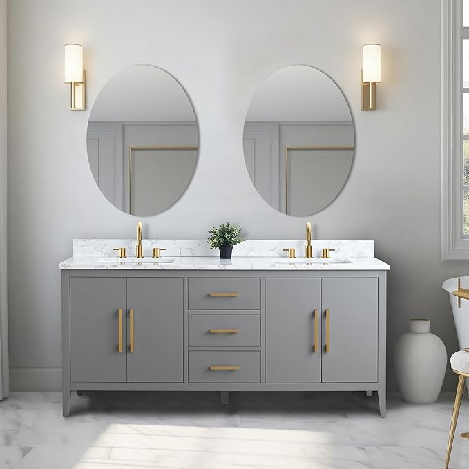 Vanity Art 72 inch Bathroom Vanity with Double Sink & Ceramic Top, Vanity Cabinet with Soft-Closing Doors, Drawers, Solid Wood Frame, Cashmere Gray, Golden Brushed Handware
