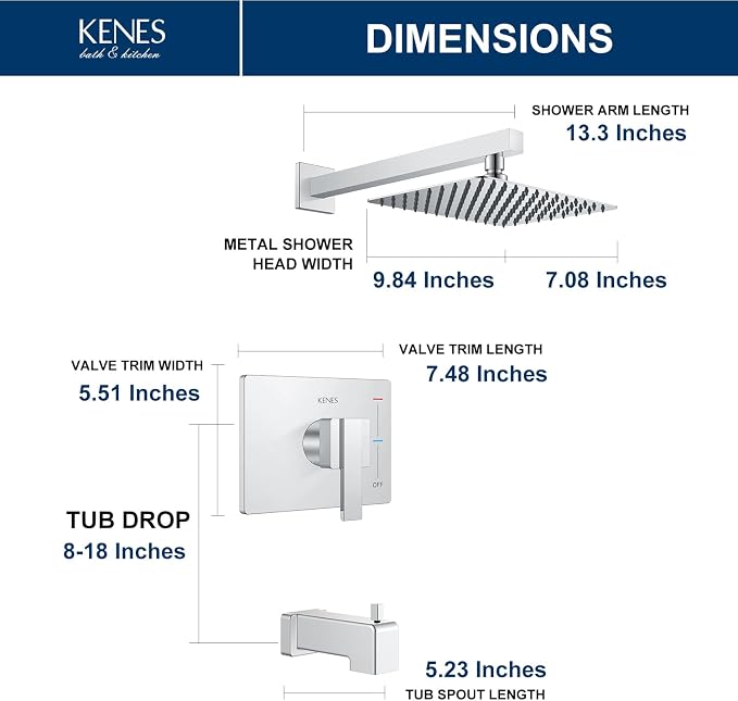 KENES Chrome Shower Set with Tub Faucet, Square Tub Shower Faucet Set | Shower Faucet with 10-Inch Rain Shower Head, Square Shower System, Valve Included, Lead-Free cUPC & NSF Certified, Stainless