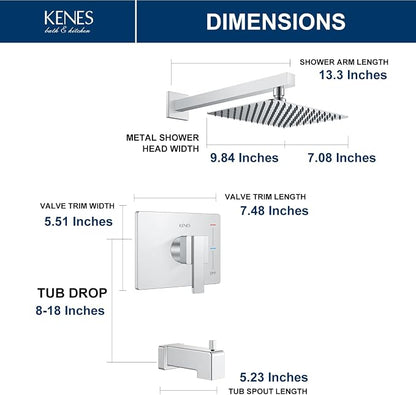 KENES Chrome Shower Set with Tub Faucet, Square Tub Shower Faucet Set | Shower Faucet with 10-Inch Rain Shower Head, Square Shower System, Valve Included, Lead-Free cUPC & NSF Certified, Stainless