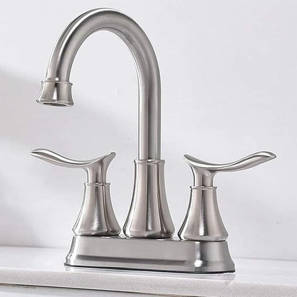 KINGO HOME Modern Brushed Nickel 2-Handle Bathroom Faucet, 4 inch Centerset RV Bathroom Sink Faucet Lavatory Bath Sink Vanity Faucet with Water Supply Lines and Pop Up Drain
