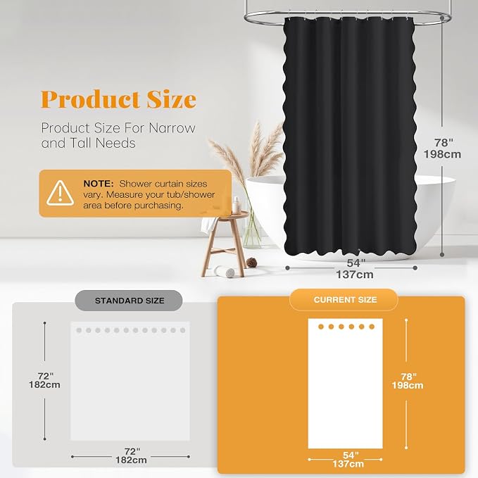 BTTN 54x78 Boho Scalloped Linen Textured Cloth Shower Curtain Set, Black | Narrow Long Size, 230GSM Waterproof Polyester, Heavy Duty Fabric, 10 Plastic Hooks, Elegant Farmhouse Style, Machine Washable