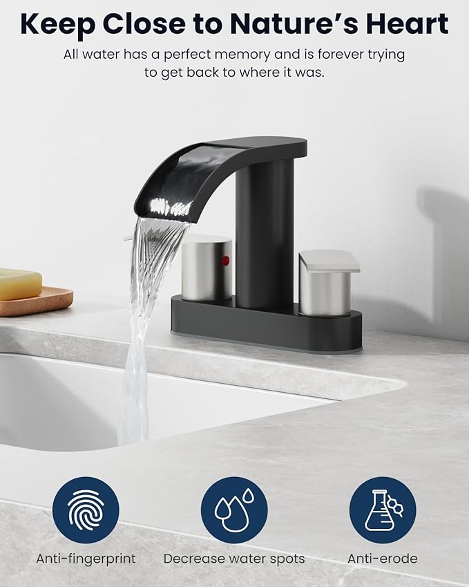 gotonovo 4 Inch Centerset Waterfall Bathroom Sink Faucet Deck Mount 2 Handle Basin Faucets 2 or 3 Hole with Pop Up Drain Included Lavatory Modern Mixer Tap Vanity Faucet Matte Black and Brushed Nickel