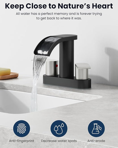 gotonovo 4 Inch Centerset Waterfall Bathroom Sink Faucet Deck Mount 2 Handle Basin Faucets 2 or 3 Hole with Pop Up Drain Included Lavatory Modern Mixer Tap Vanity Faucet Matte Black and Brushed Nickel