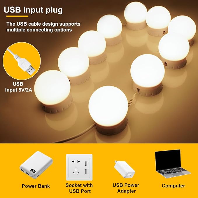 LED Vanity Mirror Lights 10, 3-Color Dimmable Stick-On Makeup Light USB | 3000K/4000K/6500K 3-Color, 10-Level Dimming, No-Drill Adhesive Mount, 5V USB Powered, Adjustable 0.4-10" Spacing, 10 Lights