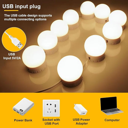 LED Vanity Mirror Lights 14, 3-Color Dimmable Stick-On Makeup Light USB | 3000K/4000K/6500K 3-Color, 10-Level Dimming, No-Drill Adhesive Mount, 5V USB Powered, Adjustable 0.4-10" Spacing, 14 Lights