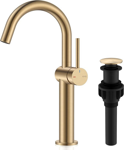 Champagne Bronze Vessel Sink Faucet, 1 Handle Tall Bathroom Faucet | Vessel Bowl Faucet with Pop Up Drain & Supply Lines, Lead-Free cUPC & NSF Certified, 1 Hole Faucet for Vanity RV Restroom