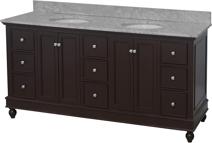 Bella 72-inch Double Bathroom Vanity (Chocolate/Carrara): Includes Chocolate Cabinet with Authentic Italian Carrara Marble Countertop and White Ceramic Sinks