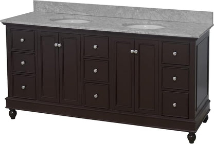 Bella 72-inch Double Bathroom Vanity (Chocolate/Carrara): Includes Chocolate Cabinet with Authentic Italian Carrara Marble Countertop and White Ceramic Sinks