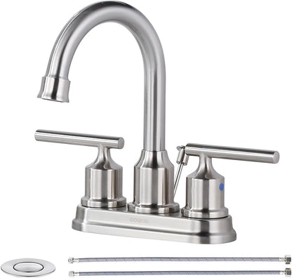 WOWOW 4 Inch Bathroom Faucet 3 Hole Brushed Nickel Bathroom Sink Faucet Centeret Basin Faucet 2 Handle RV Sink Tap Modern Vanity Taps with Drain and Hose