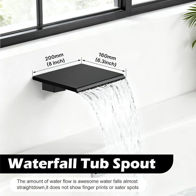 Midanya Shower System with Tub Spout,8 Inch Shower Head,Matte Black | with Valve & Trim Kit,Square Rain Head,Handheld Sprayer,Waterfall Spout,All Metal Wall Mount Bathroom Shower Tub Faucet Set