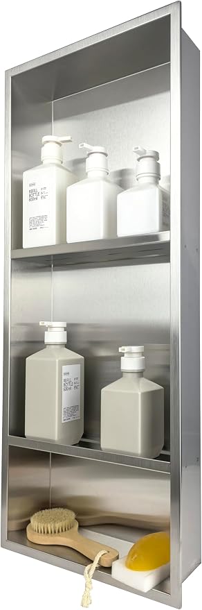 30 x 12 Inch Shower Niche, Brushed Stainless Steel Recessed Wall Niche, No Tile Needed Built-in Shower Shelf, 3-Tier Bathroom Storage Organizer, Waterproof Rustproof