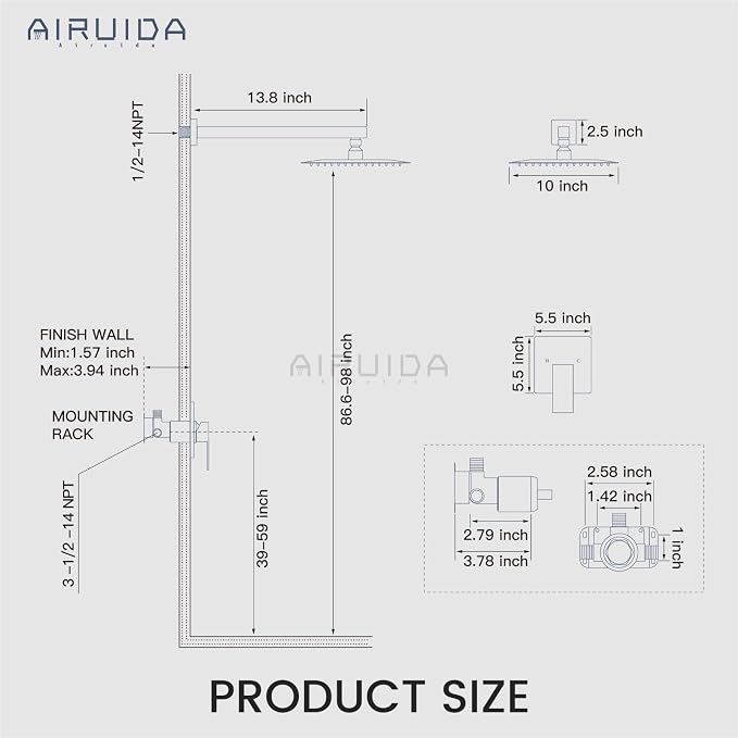 Airuida Shower Faucet Set,10 Inch Shower Valve Kit,Brushed Gold | Male Threads,Rough-in Valve Shower Trim Kit,Single Handle Control Shower Set