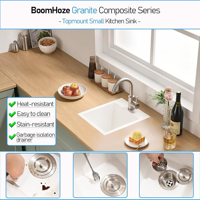 13x15 Inch Drop In Bar Sink, White Granite Composite | Small Drop In Sink RV Wet Bar Prep Sink Quartz Topmount Single Bowl Kitchen Basin with Small Rubber Squeegee