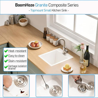 13x15 Inch Drop In Bar Sink, White Granite Composite | Small Drop In Sink RV Wet Bar Prep Sink Quartz Topmount Single Bowl Kitchen Basin with Small Rubber Squeegee