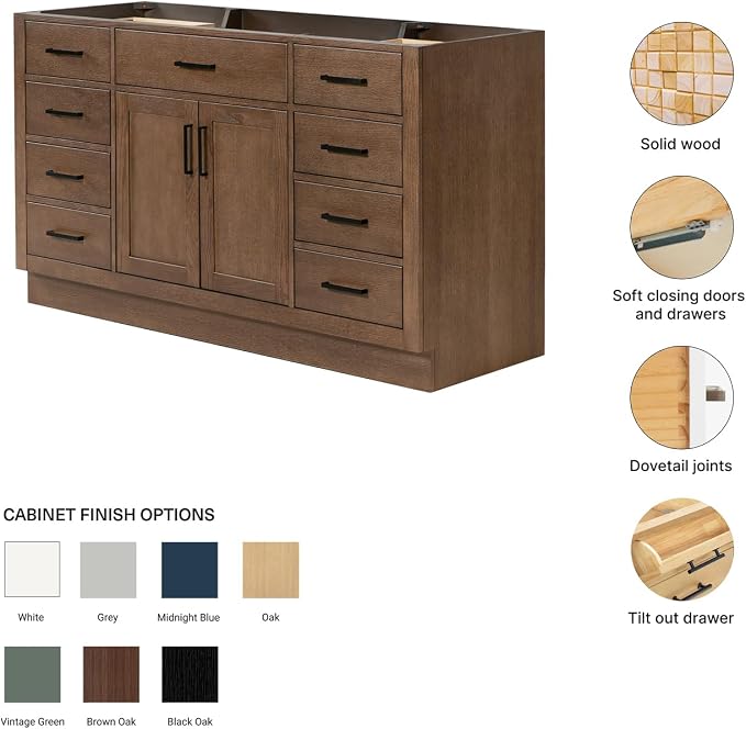 ARIEL Hepburn 60-inch Bathroom Vanity Base Cabinet,Solid Wood, 2 Soft Closing Doors, 9 Dovetail Drawers, Brown Oak