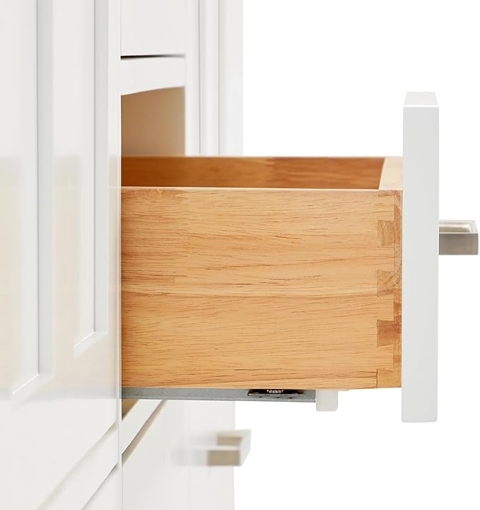 DKB Beckford 66-Inch White Double Bathroom Vanity, 1.5-Inch Edge Carrara Quartz Countertop & Splash, Rectangular Sinks, 4 Soft Closing Doors, 6 Full Extension Dovetail Drawers, Brushed Nickel