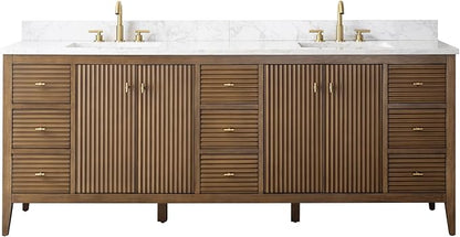 84" Bathroom Vanity with Double Sink & Engineered Marble Top, Solid Wood Frame, Linear Pattern & Soft Close Door | Golden Brushed Handware,Walnut
