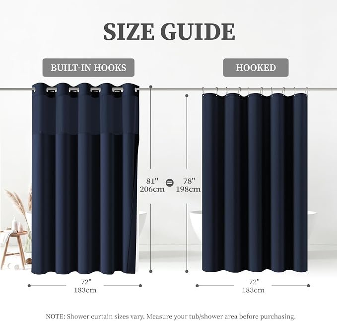 72x81 Ringless Linen Look Shower Curtain with Snap in Liner, Navy Blue | Tall Size, 3 in 1 Shower Curtain Set, Removable Liner, Waterproof & Washable, Mesh Top Window, Durable Fabric, Easy Setup