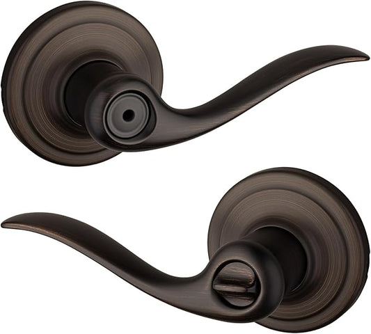 Kwikset Tustin Interior Privacy Door Handle with Lock, Metal, Door Lever For Bathroom and Bedroom, Venetian Bronze Reversible Keyless Turn Lock, with Microban Protection