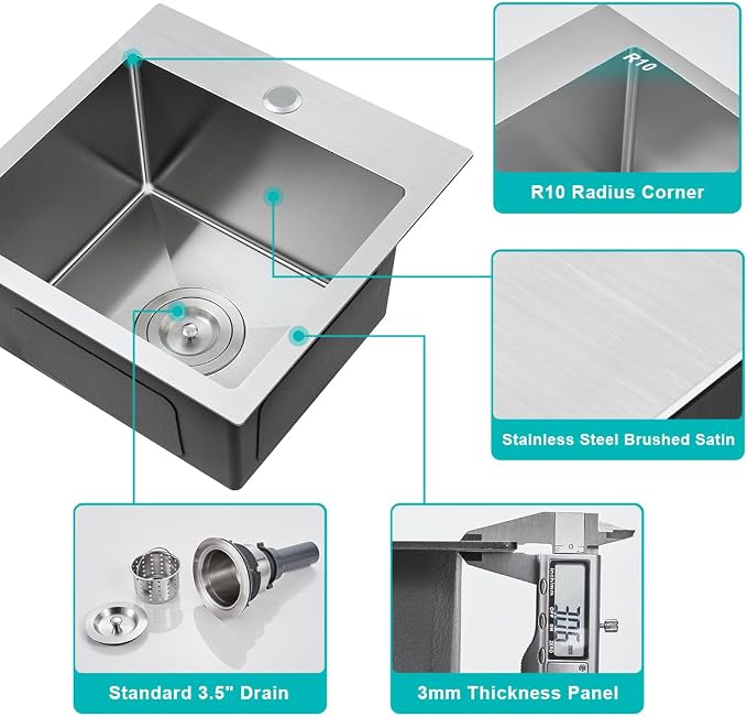 18"x18" Drop in Topmount Kitchen Sink, 304 Stainless Steel Brushed | 18 x18 inch Square Single Bowl Sink, 1-Hole Topmount 9" Deep Basin Sink for Bar, Prep Kitchen and RV