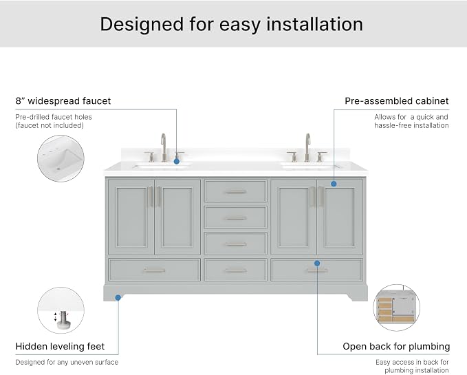 Langford 72-inch Grey Bathroom Vanity with Left & Right Rectangle Double Sinks, Pure White Quartz Countertop & Backsplash, Solid Wood Frame, Soft-Closing & Dovetail Drawers