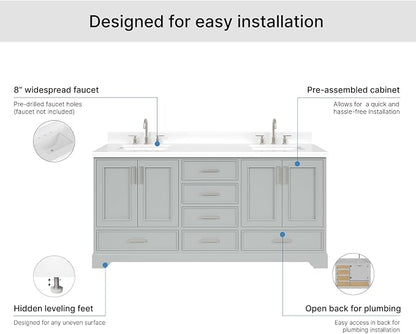 Langford 72-inch Grey Bathroom Vanity with Left & Right Rectangle Double Sinks, Pure White Quartz Countertop & Backsplash, Solid Wood Frame, Soft-Closing & Dovetail Drawers