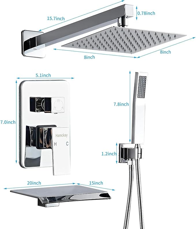 8 inch Polished Chrome Shower System with Tub Spout, Shower Faucet Set with Rain Shower Head and Handheld 3-Setting, Waterfall Bathtub Spout Rainfall Shower Combo Set for Bathroom Wall Mounted