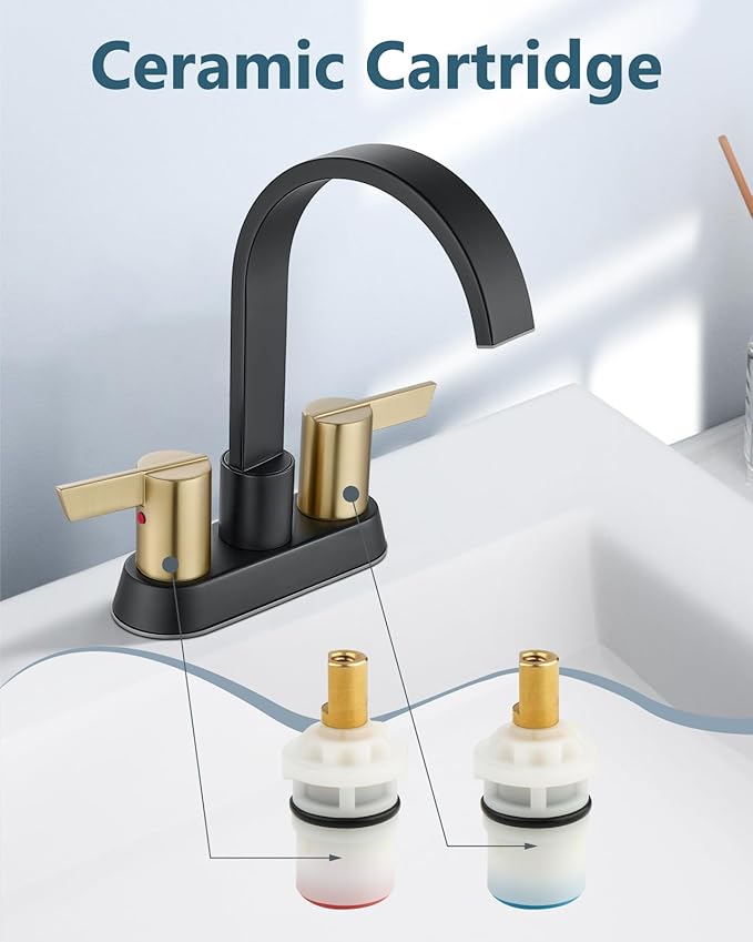 Aolemi Bathroom Faucets for Sink 3 Hole,4 Inch Centerset Waterfall Faucet 2 Handle for Bathroom Sink with Pop-Up Drain and Supply Lines Matte Black and Brushed Gold