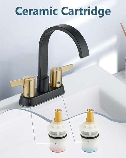 Aolemi Bathroom Faucets for Sink 3 Hole,4 Inch Centerset Waterfall Faucet 2 Handle for Bathroom Sink with Pop-Up Drain and Supply Lines Matte Black and Brushed Gold